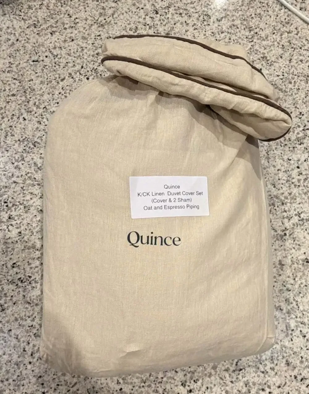Quince K/CK Linen Duvet Cover Set in Oat and Espresso Piping